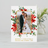 Waterverf Poinsettia Floral Pas getrouwd Red Gold Folie Feestdagenkaart (Staand Voorkant)