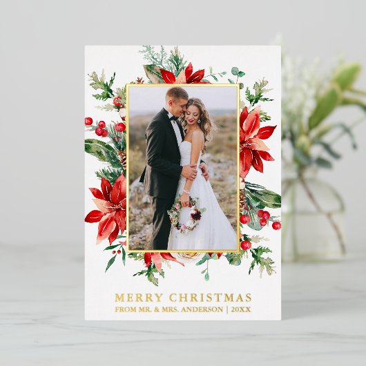 Waterverf Poinsettia Floral Pas getrouwd Red Gold Folie Feestdagenkaart (Staand Voorkant)