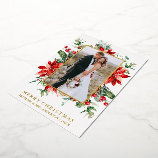 Waterverf Poinsettia Floral Pas getrouwd Red Gold Folie Feestdagenkaart (Gedraaid)