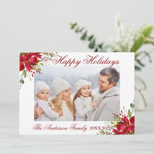 Waterverf Poinsettia Floral Prettige feestdagen Fo Feestdagenkaart (Staand voorkant)