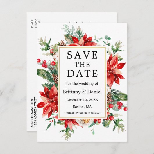 Waterverf Poinsettia Floral slaat de datum op Briefkaart (Voorkant / Achterkant)