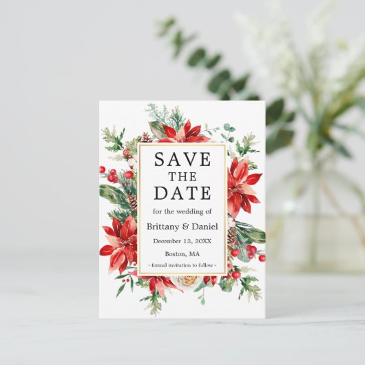 Waterverf Poinsettia Floral slaat de datum op Briefkaart (Staand voorkant)