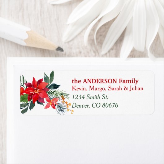 Waterverf Poinsettia Flower Christmas Return Etiket (Insitu)