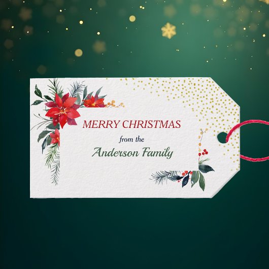 Waterverf Poinsettia Flower Holly Kerstmis Cadeaulabel