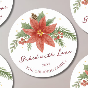 Waterverf Poinsettia Gebakken met Liefde Bakken Ronde Sticker