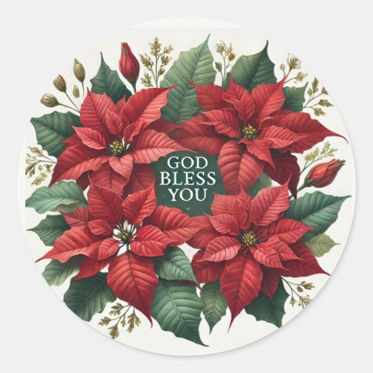 Waterverf Poinsettia "God zegene u" Kerst Ronde Sticker (Voorkant)