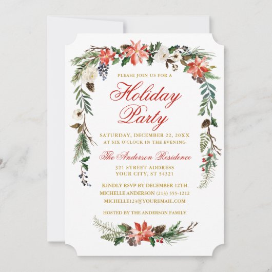 Waterverf Poinsettia Gold Red Holiday Party Kaart (Voorkant)