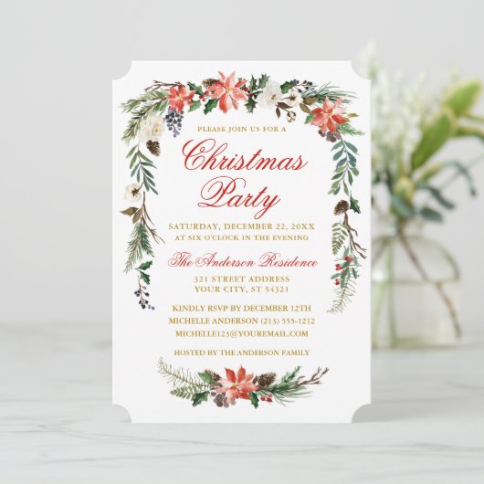 Waterverf Poinsettia Gold Red-kerstfeest Kaart (Staand voorkant)