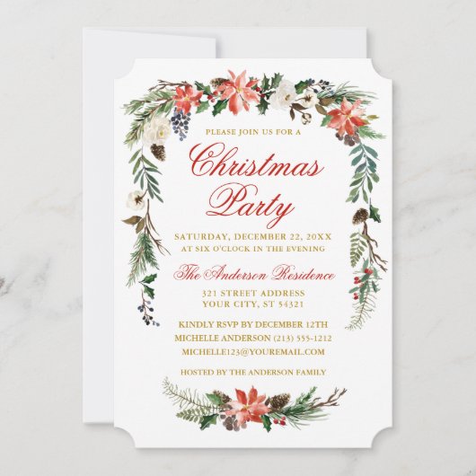 Waterverf Poinsettia Gold Red-kerstfeest Kaart (Voorkant)