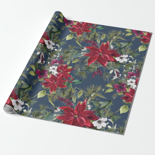 Waterverf Poinsettia, heilig, met dennenkerstfeest Cadeaupapier (Uitgerold)