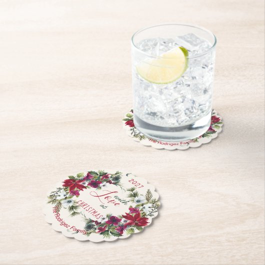 Waterverf Poinsettia, heilig, met dennenkerstfeest Kartonnen Onderzetters (Insitu)