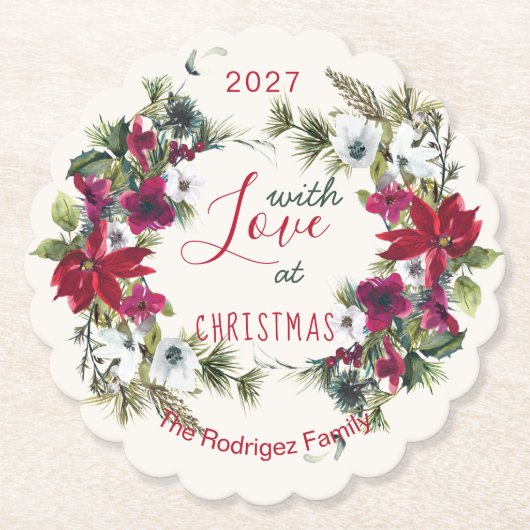 Waterverf Poinsettia, heilig, met dennenkerstfeest Kartonnen Onderzetters (Voorkant)