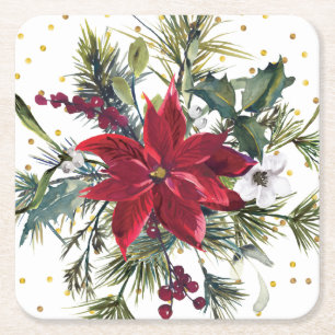 Waterverf Poinsettia, heilig, met dennenkerstfeest Kartonnen Onderzetters