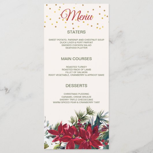 Waterverf Poinsettia, heilig, met dennenkerstfeest Menu (Achterkant)