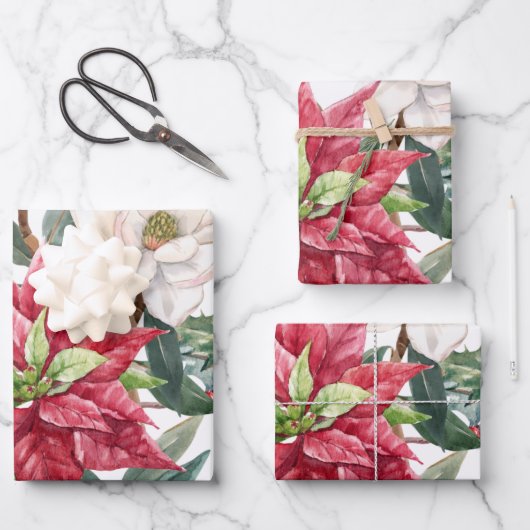 Waterverf Poinsettia Holiday Pattern Wrapping Pa Inpakpapier Vel (Voorkant)