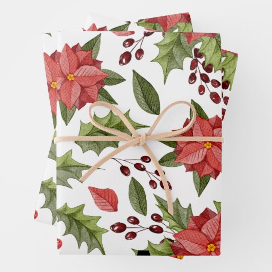 Waterverf Poinsettia Holiday Pattern Wrapping Pap Inpakpapier Vel (In situ)