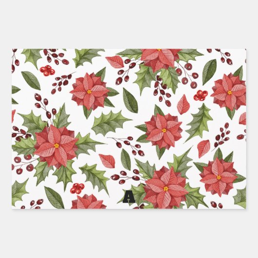 Waterverf Poinsettia Holiday Pattern Wrapping Pap Inpakpapier Vel (Voorkant)