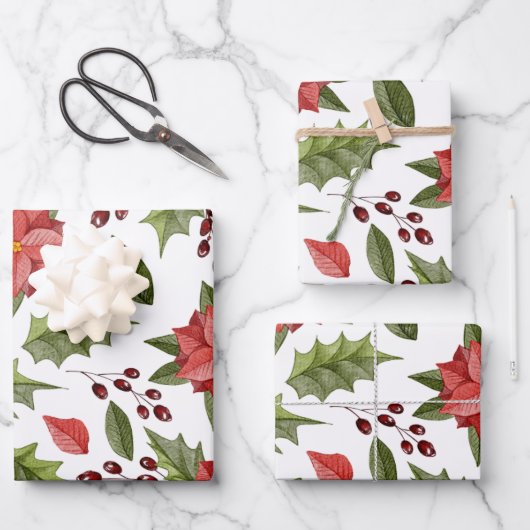 Waterverf Poinsettia Holiday Pattern Wrapping Pap Inpakpapier Vel (Voorkant)