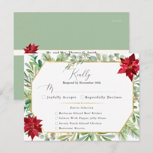 Waterverf Poinsettia Holiday Wedding RSVP Briefkaart (Voorkant / Achterkant)
