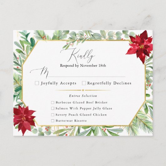 Waterverf Poinsettia Holiday Wedding RSVP Briefkaart (Voorkant)