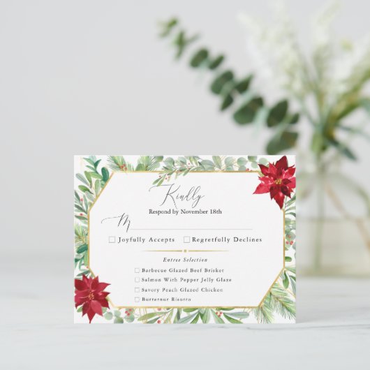 Waterverf Poinsettia Holiday Wedding RSVP Briefkaart (Staand voorkant)