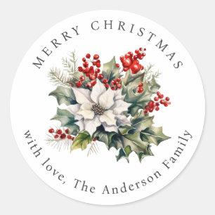 Waterverf Poinsettia Hulst Rode Bessen Kerstmis Ronde Sticker