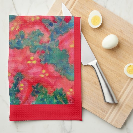 Waterverf poinsettia in kerstboom theedoek (Quarter Fold)