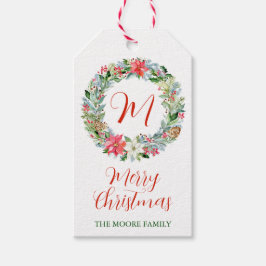 Waterverf Poinsettia Kerstmis WeesMonogram Cadeaulabel
