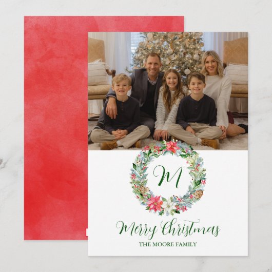 Waterverf Poinsettia Kerstmis WeesMonogram Feestdagenkaart (Voorkant / Achterkant)