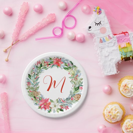 Waterverf Poinsettia Kerstmis WeesMonogram Papieren Bordje (Feest)