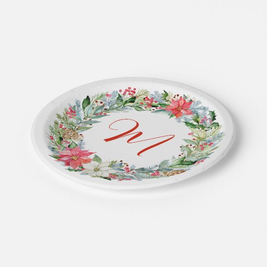 Waterverf Poinsettia Kerstmis WeesMonogram Papieren Bordje (Gekanteld)