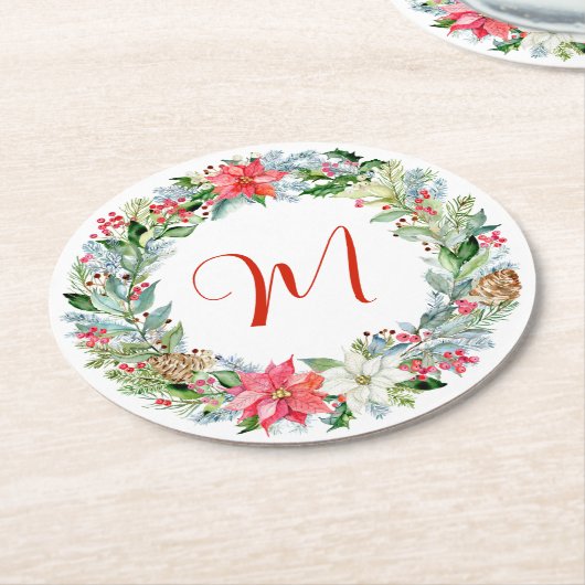 Waterverf Poinsettia Kerstmis WeesMonogram Ronde Kartonnen Onderzetter (Gebogen)
