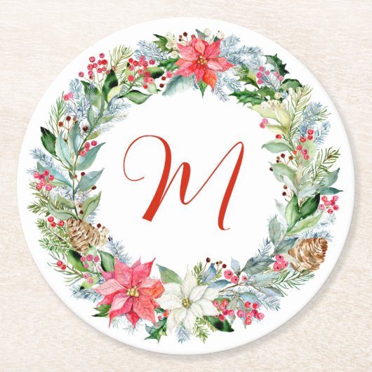 Waterverf Poinsettia Kerstmis WeesMonogram Ronde Kartonnen Onderzetter (Voorkant)