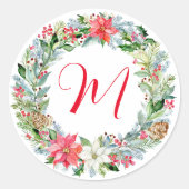 Waterverf Poinsettia Kerstmis WeesMonogram Ronde Sticker (Voorkant)