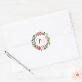 Waterverf Poinsettia Kerstmis WeesMonogram Ronde Sticker