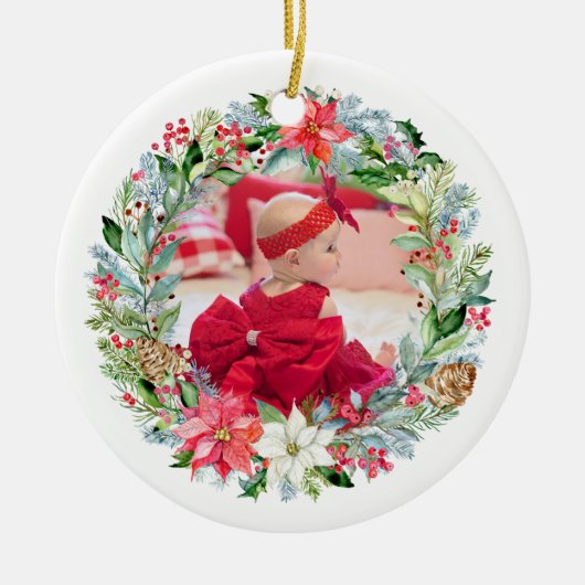 Waterverf Poinsettia Kerstmis Wreatfoto Keramisch Ornament (Voorkant)