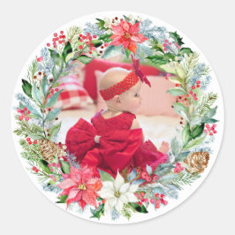 Waterverf Poinsettia Kerstmis Wreatfoto Ronde Sticker