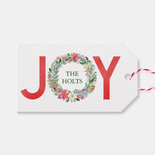 Waterverf Poinsettia Kerstmis Wreath Joy Cadeaulabel (Voorkant (Horizontaal))