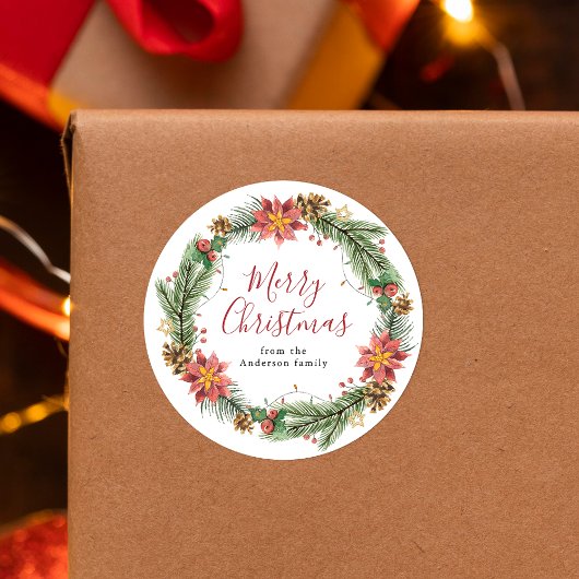  Waterverf Poinsettia Merry Kerstmis Ronde Sticker
