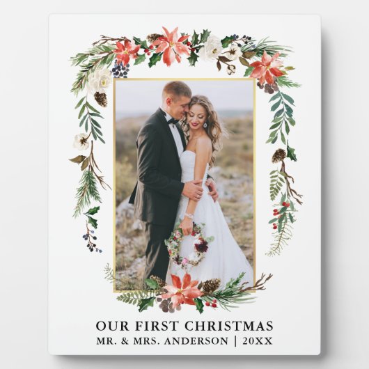 Waterverf Poinsettia Onze eerste kerstfoto Fotoplaat (Voorkant)
