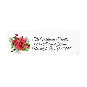 Waterverf Poinsettia, Pine en Red Berries Etiket