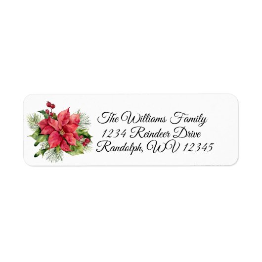 Waterverf Poinsettia, Pine en Red Berries Etiket (Voorkant)