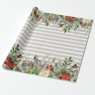 Waterverf Poinsettia Pine Waterval Gestreept Cadeaupapier