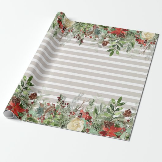 Waterverf Poinsettia Pine Waterval Gestreept Cadeaupapier (Uitgerold)