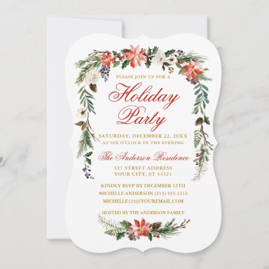 Waterverf Poinsettia Red Gold Holiday Party Kaart (Voorkant)