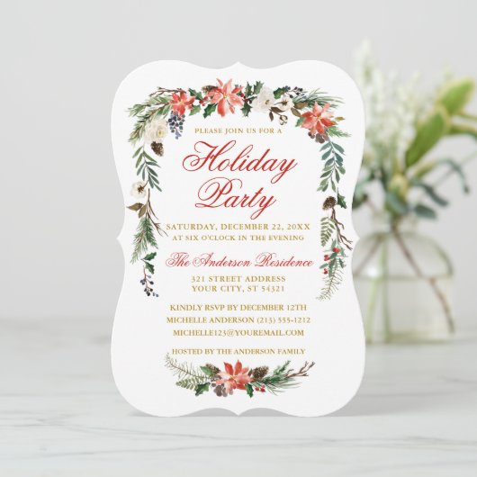 Waterverf Poinsettia Red Gold Holiday Party Kaart (Staand voorkant)