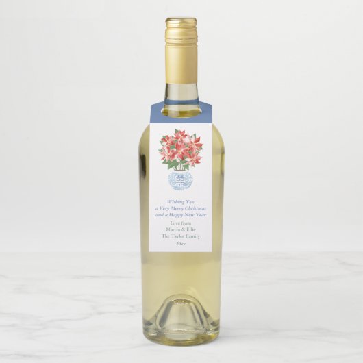 Waterverf Poinsettia Red Green Prettige feestdagen Flessenhanger (Op fles)