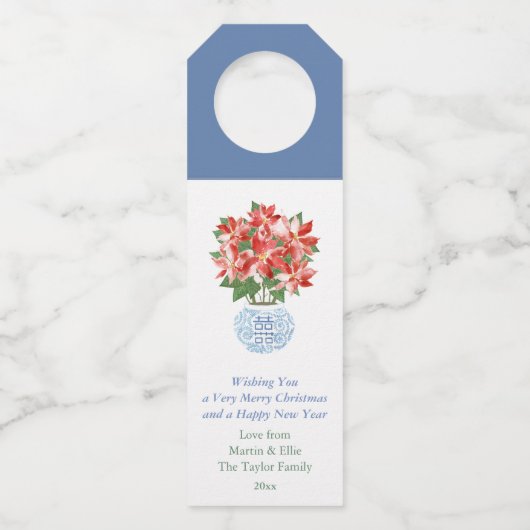 Waterverf Poinsettia Red Green Prettige feestdagen Flessenhanger (Voorkant)