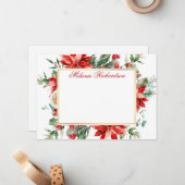 Waterverf Poinsettia Rood Bloemengebladerte Goud Notitiekaartje (Voorkant / Achterkant in situ)