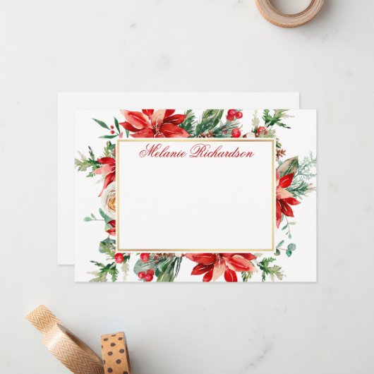 Waterverf Poinsettia Rood Bloemengebladerte Goud Notitiekaartje (Voorkant / Achterkant in situ)